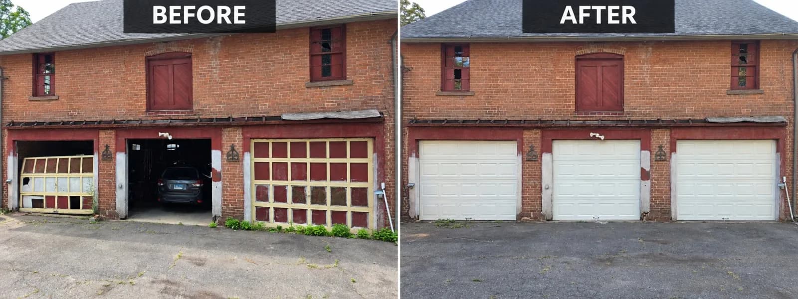 Before and after comparison of a brick building in Hartford, CT, replacing three old wooden garage doors with new white overhead garage doors.